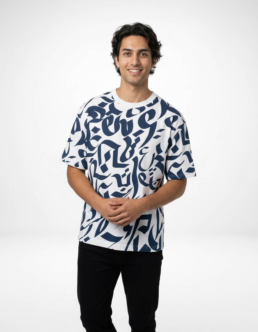 Artform Oversized Graphic T-Shirt – White & Navy [240 GSM]