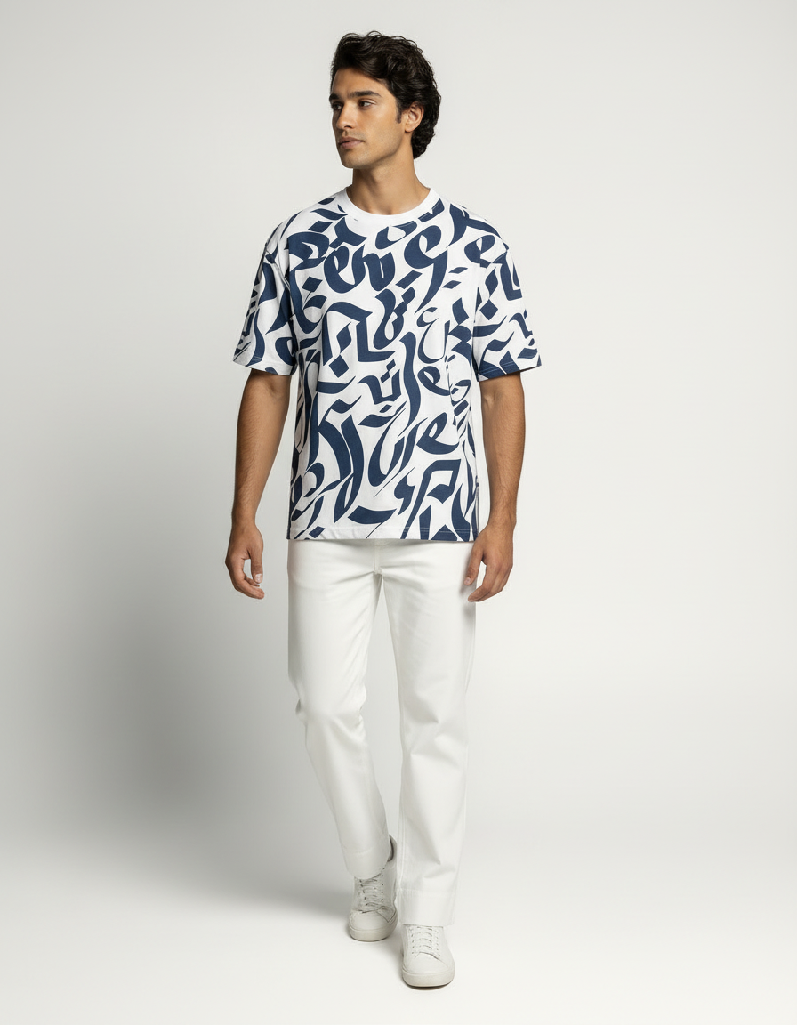 Artform Oversized Graphic T-Shirt – White & Navy [240 GSM]