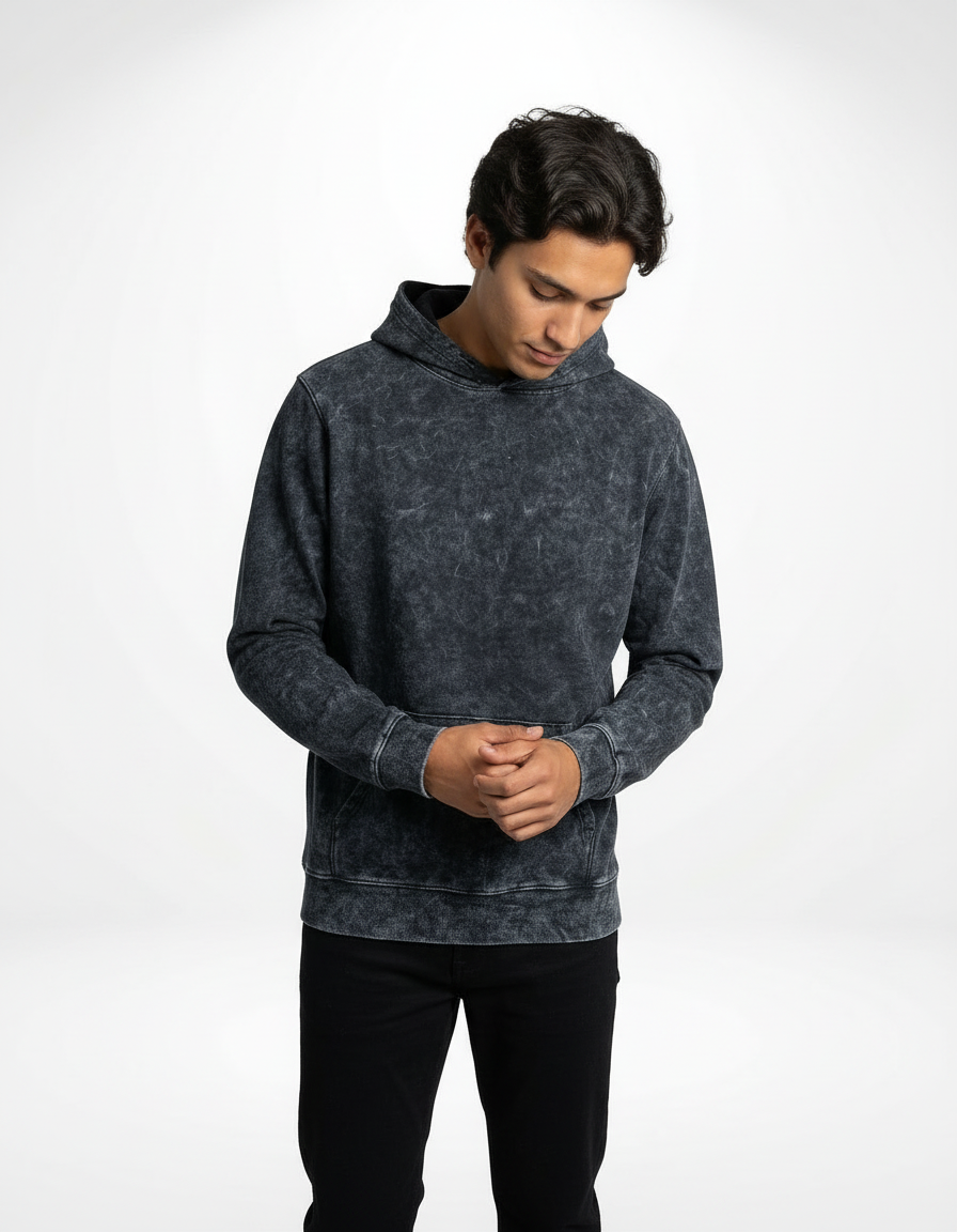 Vintage Acid Wash Hoodie – Charcoal Black [300 GSM]